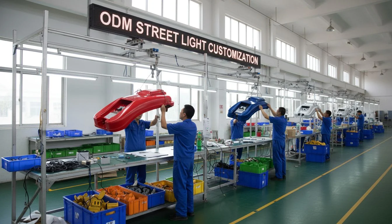 An assembly line showing workers adding different colored housings to LED street lights