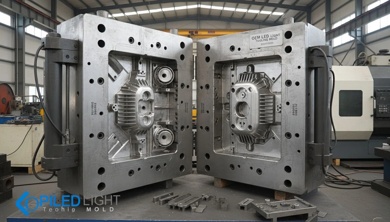 A large, complex metal mold for die-casting an aluminum street light housing
