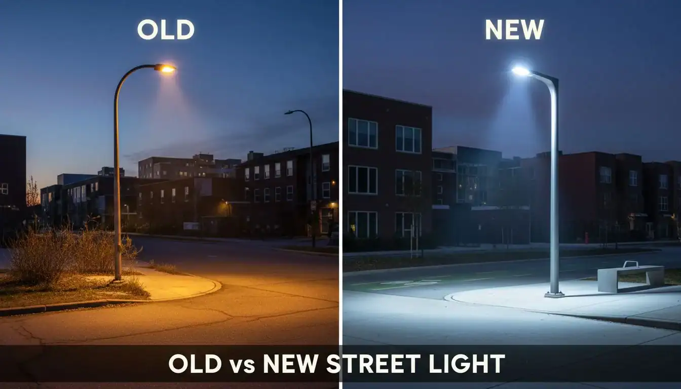 A side-by-side comparison of old yellow sodium street light and new white LED light