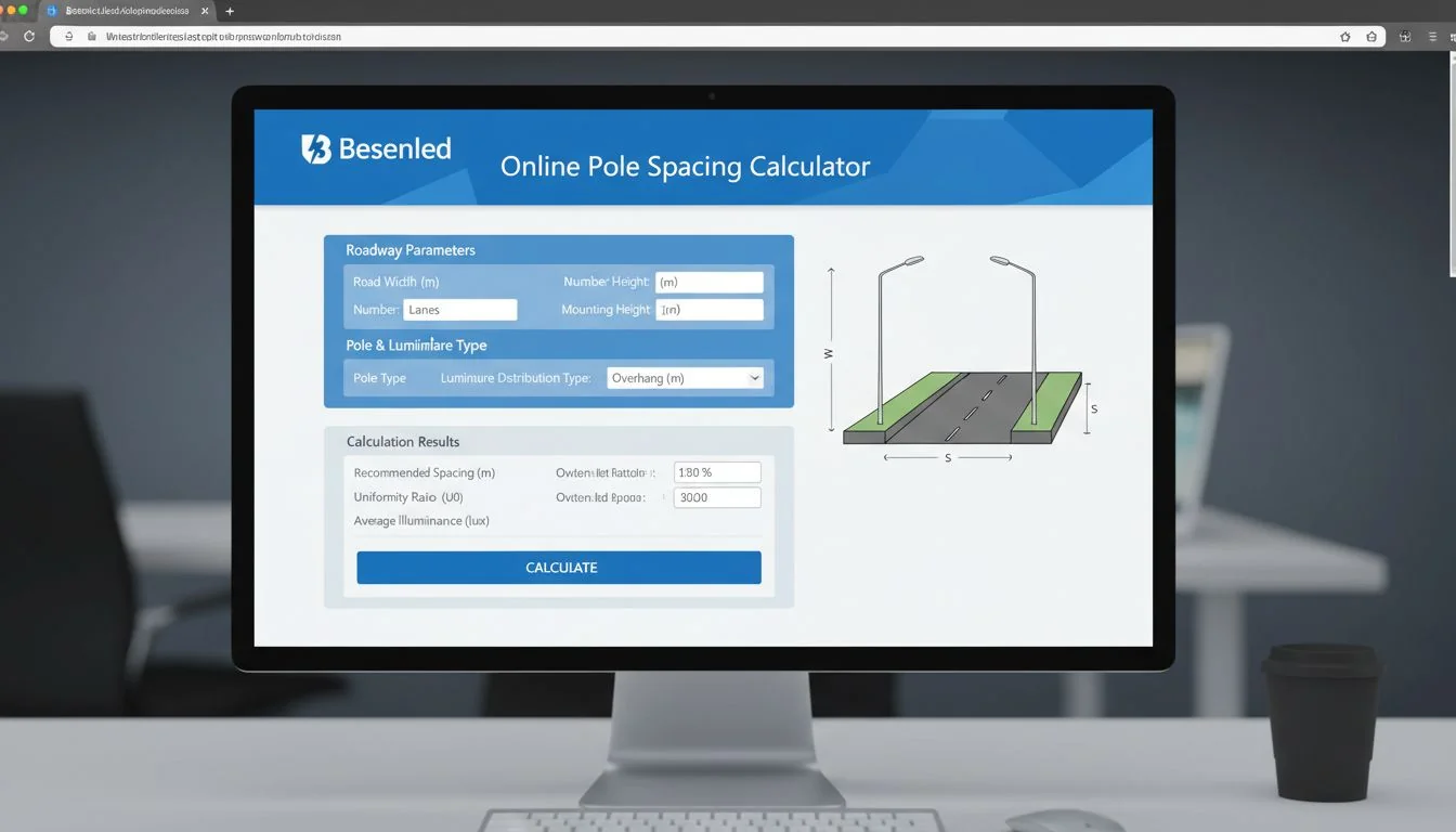 A screenshot of the Besenled online pole spacing calculator interface