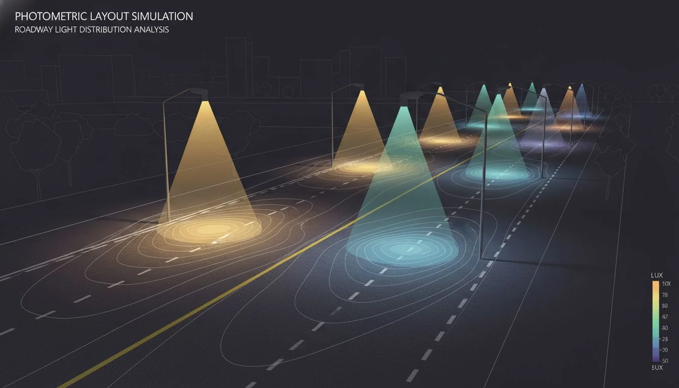 A computer-generated photometric simulation showing light distribution on a road