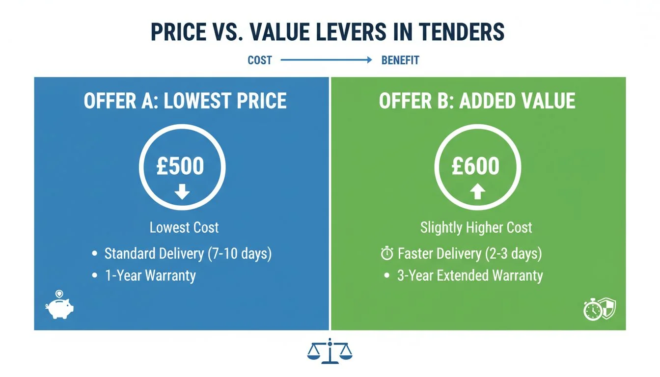 An infographic comparing two offers: one with a low price, the other with a slightly higher price but added value like faster delivery and a longer warranty.