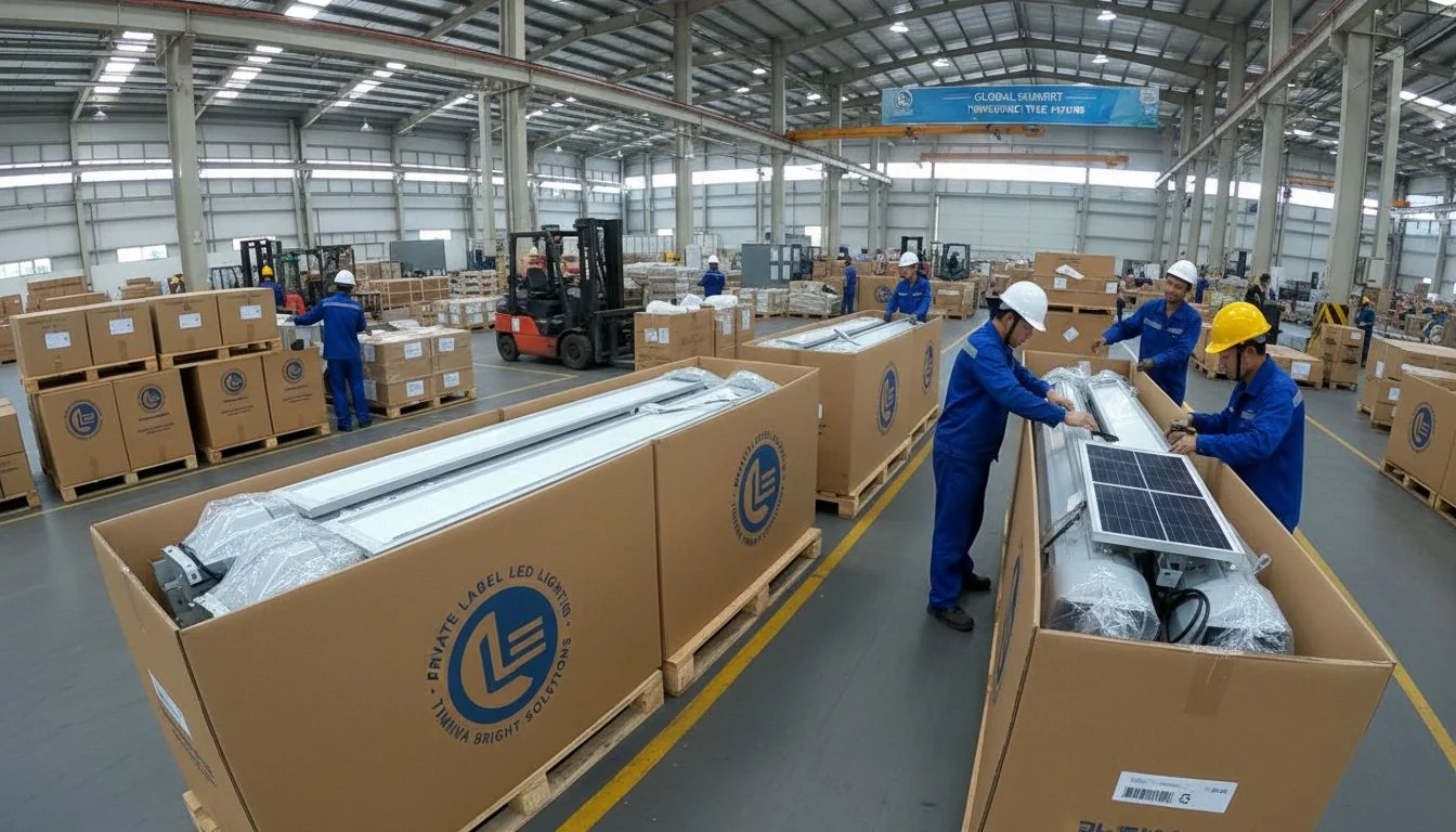 Boxes with a custom company logo being packed with new LED street lights