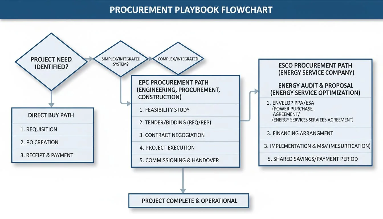 A flowchart showing three procurement paths: Direct Buy, EPC, and ESCO