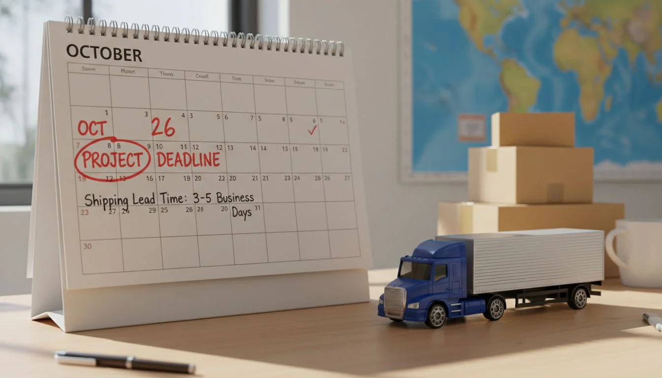 A calendar with a project deadline circled in red and a shipping truck nearby