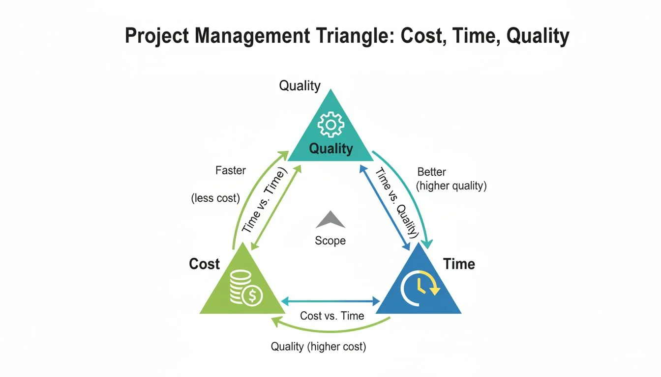 A diagram showing the trade-off triangle of Cost, Time, and Quality