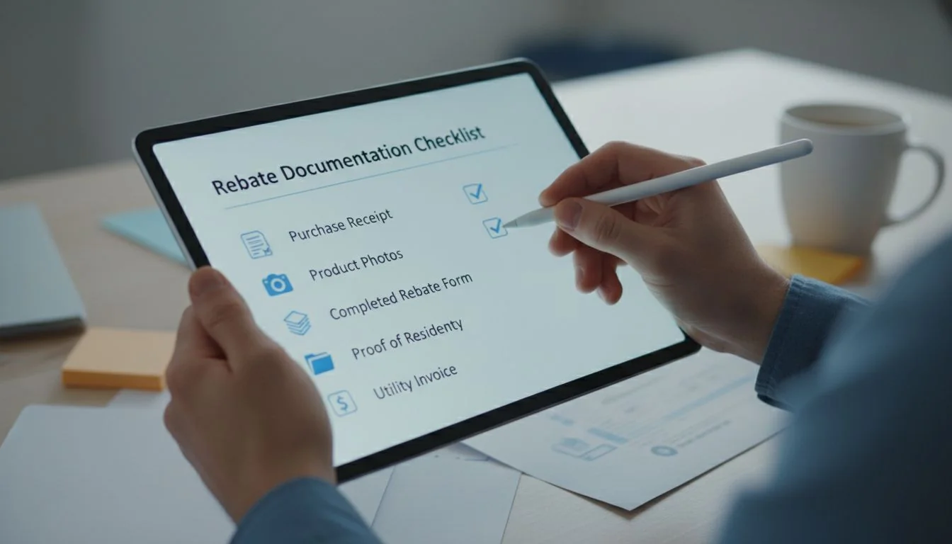 A person ticking off items on a digital checklist on a tablet, with icons for documents, photos, and invoices.