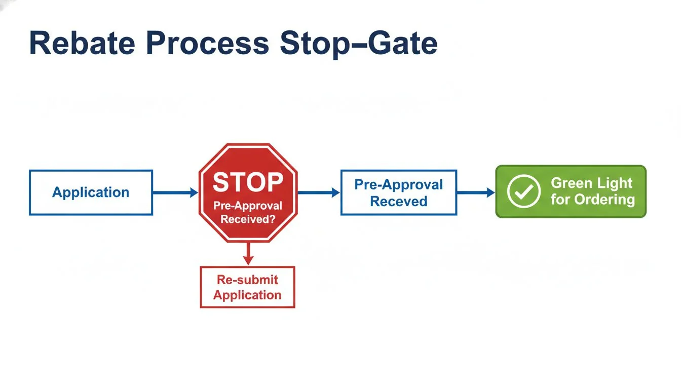 A flowchart showing a "Stop Gate" process: Application -> STOP -> Pre-Approval Received -> Green Light for Ordering.