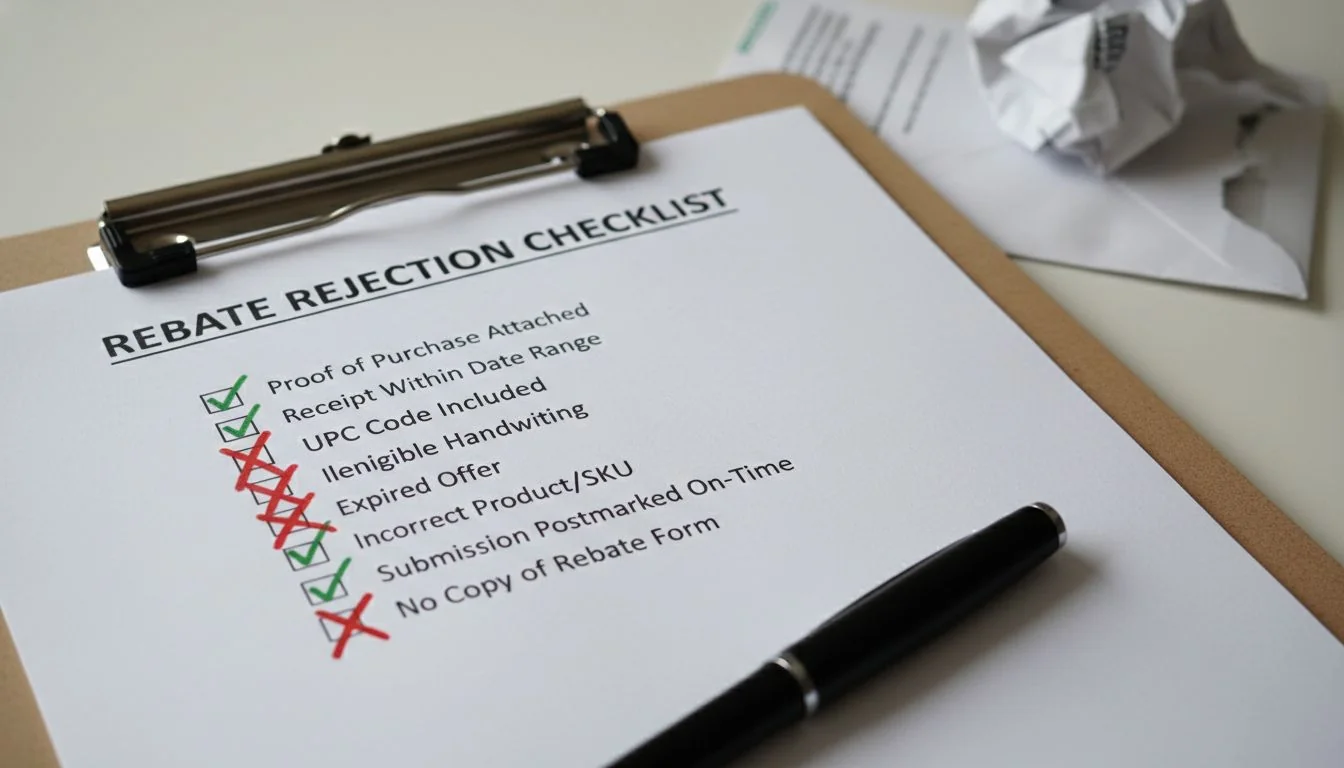 A checklist on a clipboard with some items checked off and others marked with a red X, symbolizing common rebate errors.
