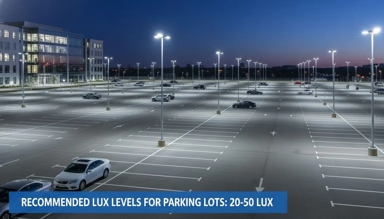 A well-lit parking lot at night showing uniform light distribution