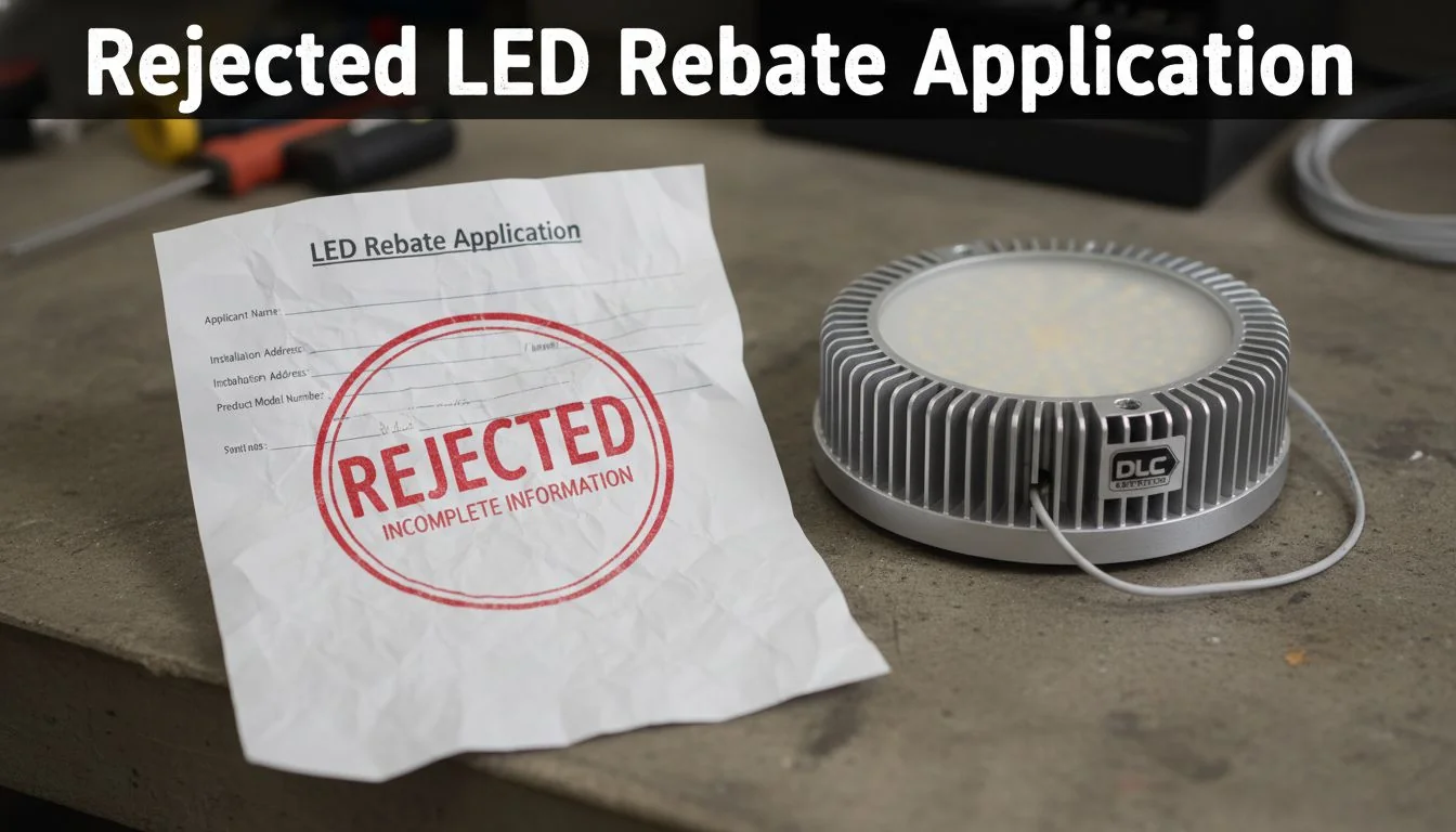 A rejected rebate application form with a red stamp on it, next to a DLC-certified LED high bay light.