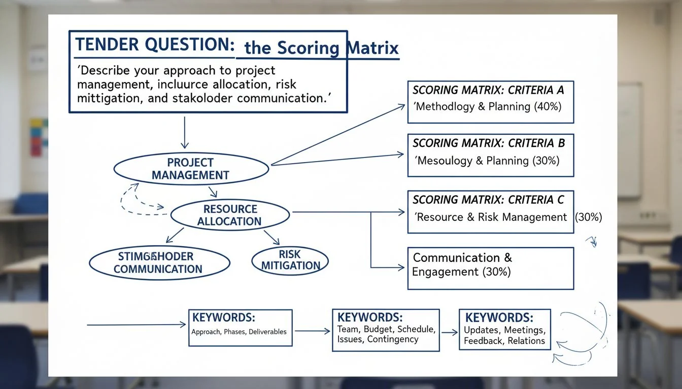 A diagram showing a tender question being broken down into keywords that match a scoring matrix.