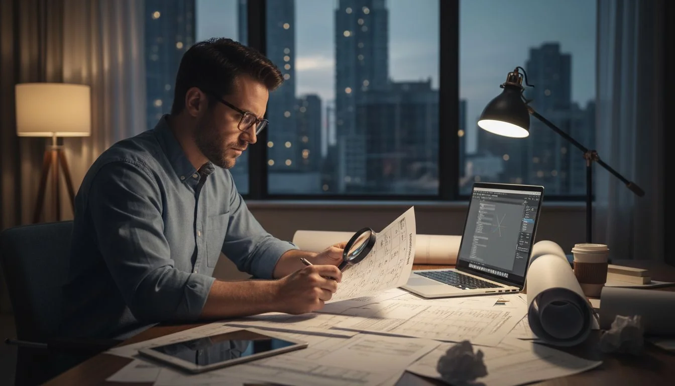 A person reviewing technical specification sheets for a lighting project