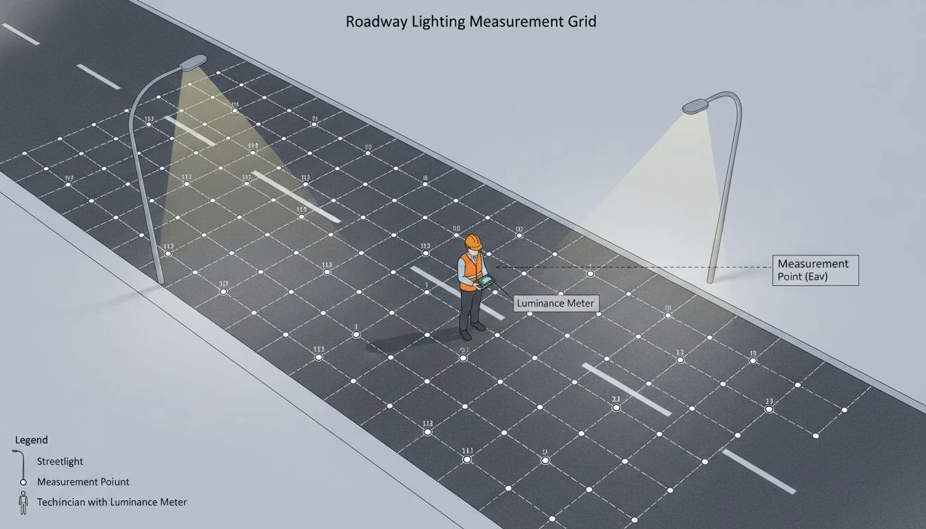 A diagram showing a road with a grid of measurement points laid out between two streetlights, with a person using a luminance meter.