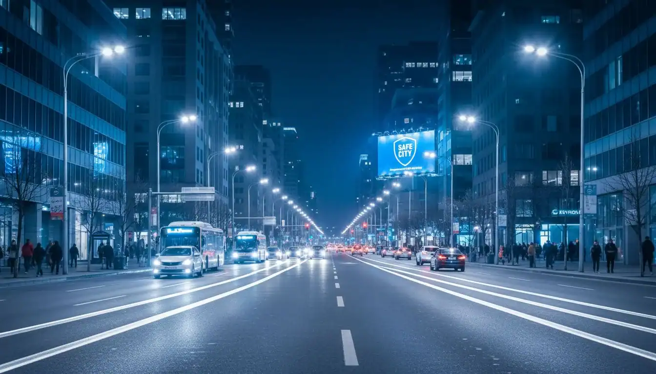Safe City Street at Night A well-lit city street at night showing the safety and clarity provided by modern LED street lights.