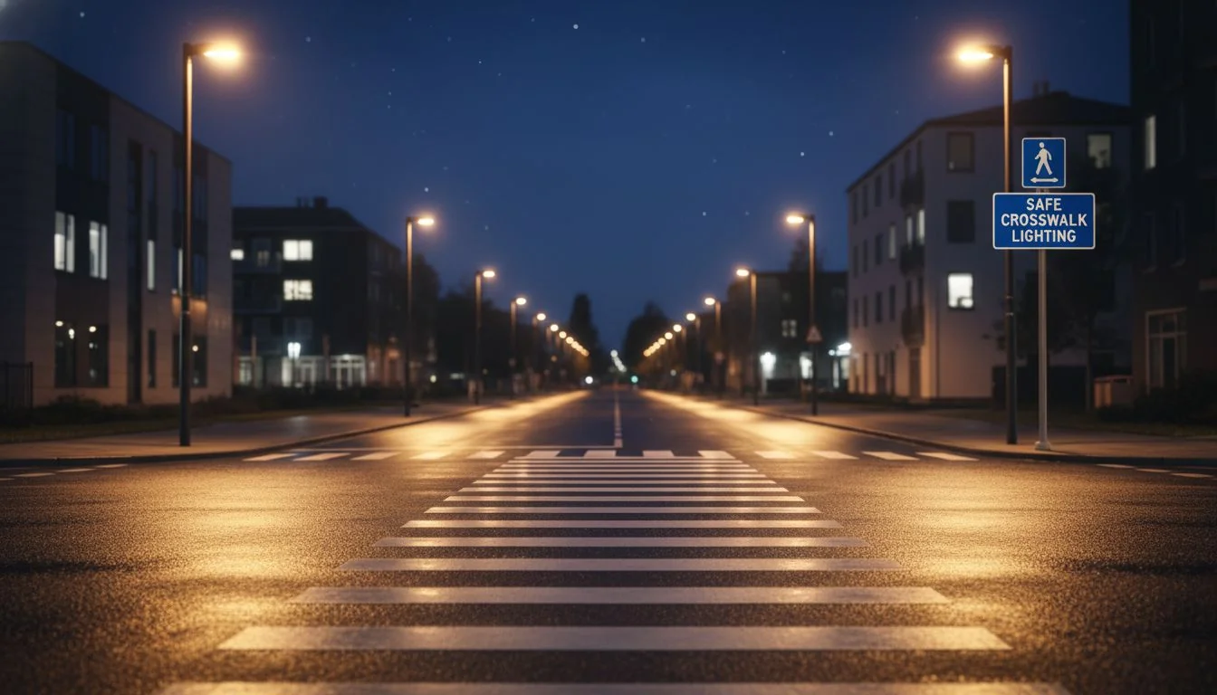 A clear view of a crosswalk at night, well-lit and free of glare