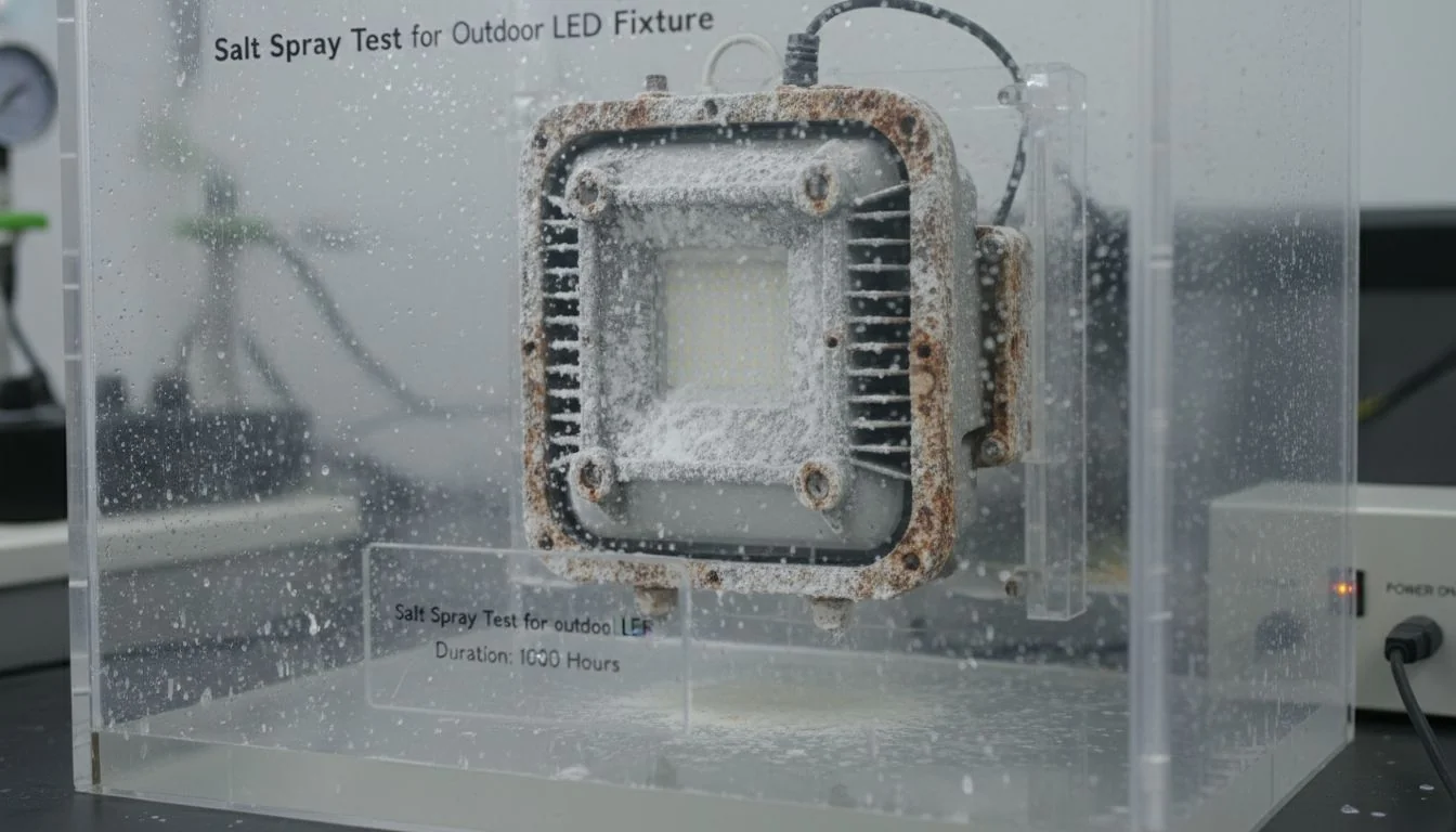 An LED wall pack fixture inside a salt spray test chamber, showing signs of simulated corrosion.