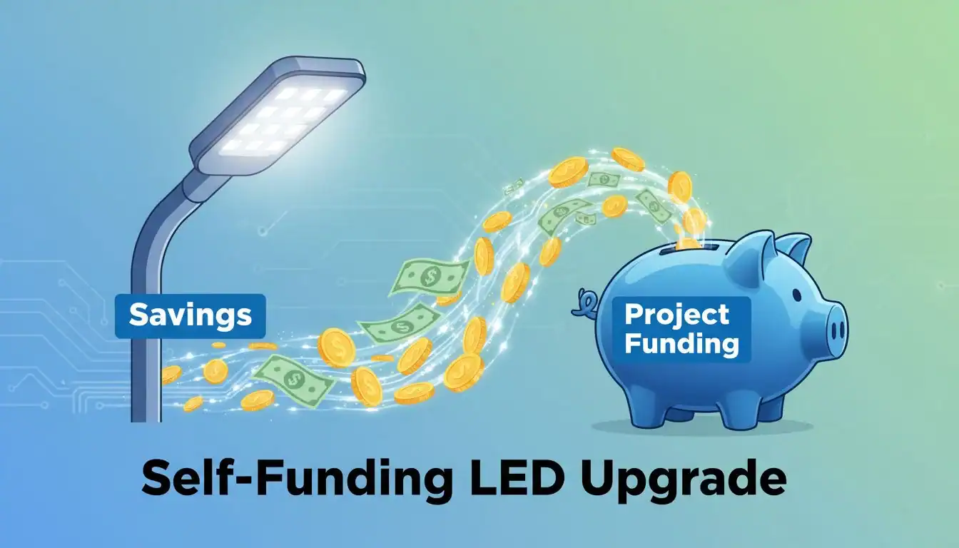 A graphic showing money flowing from an LED streetlight labeled "Savings" into a piggy bank labeled "Project Funding"