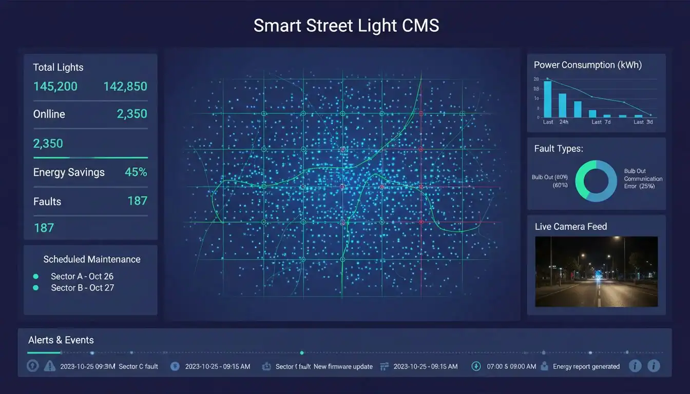 A graphic showing a central management system (CMS) dashboard for smart street lights