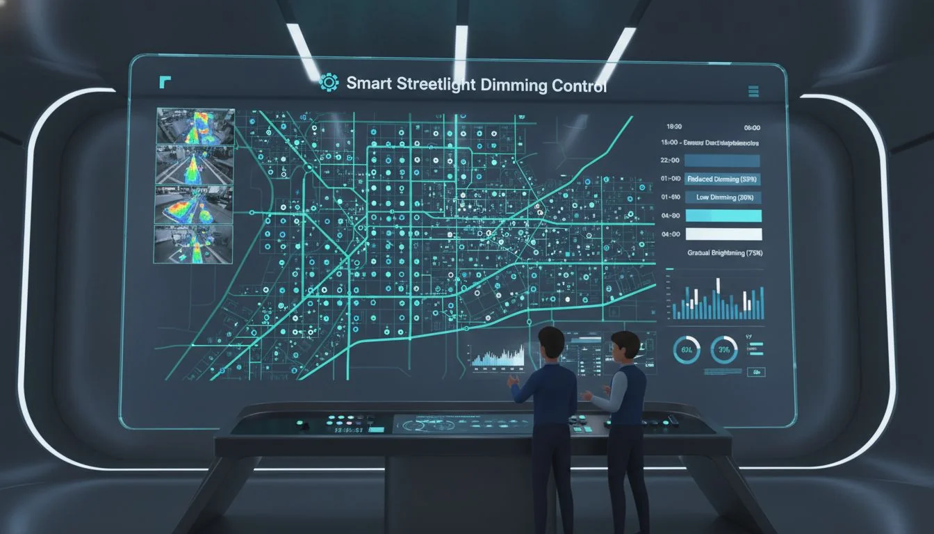 A smart city control dashboard showing a map of streetlights with their dimming levels scheduled for different times.