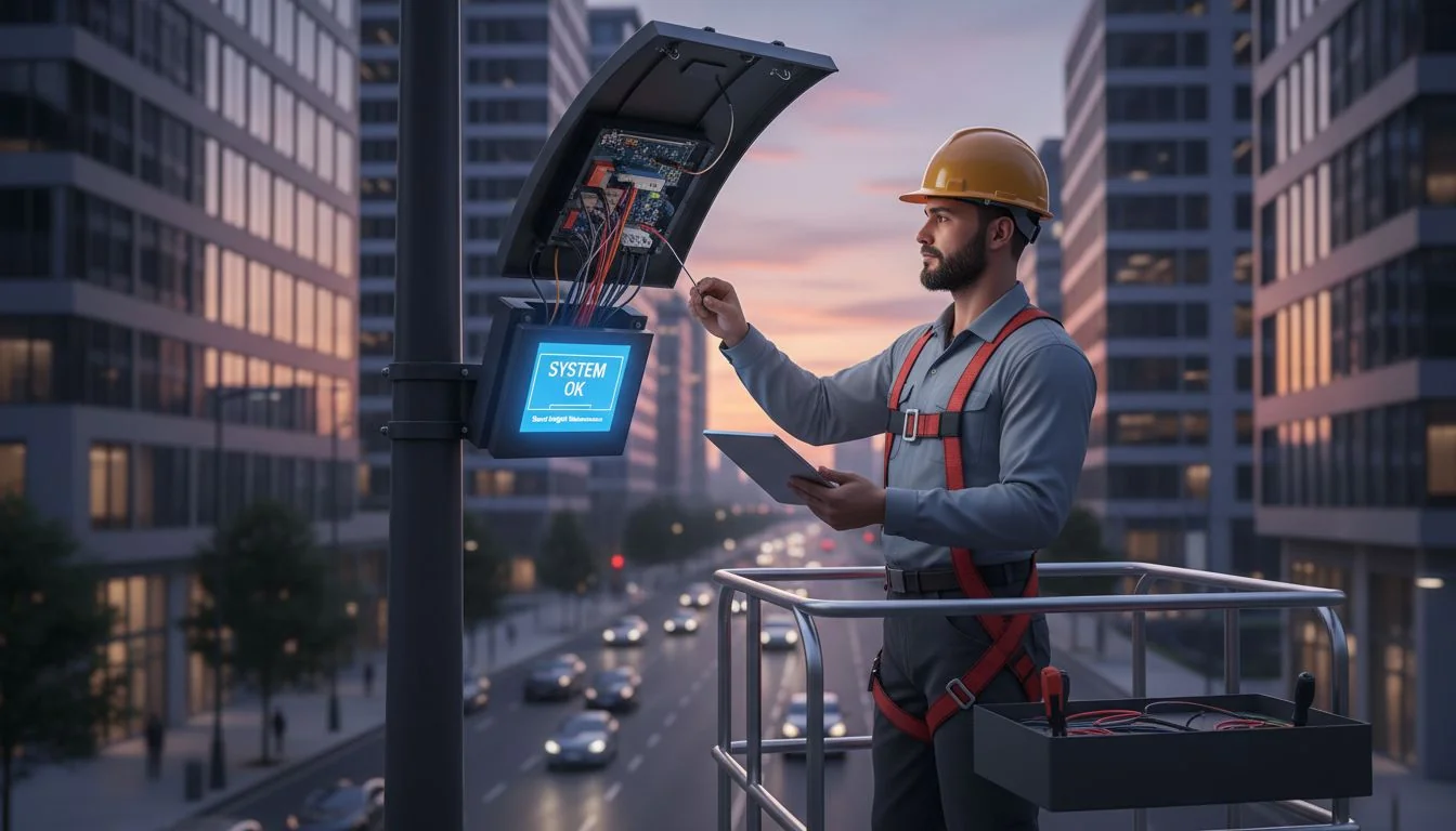 A maintenance worker easily repairing a smart LED streetlight