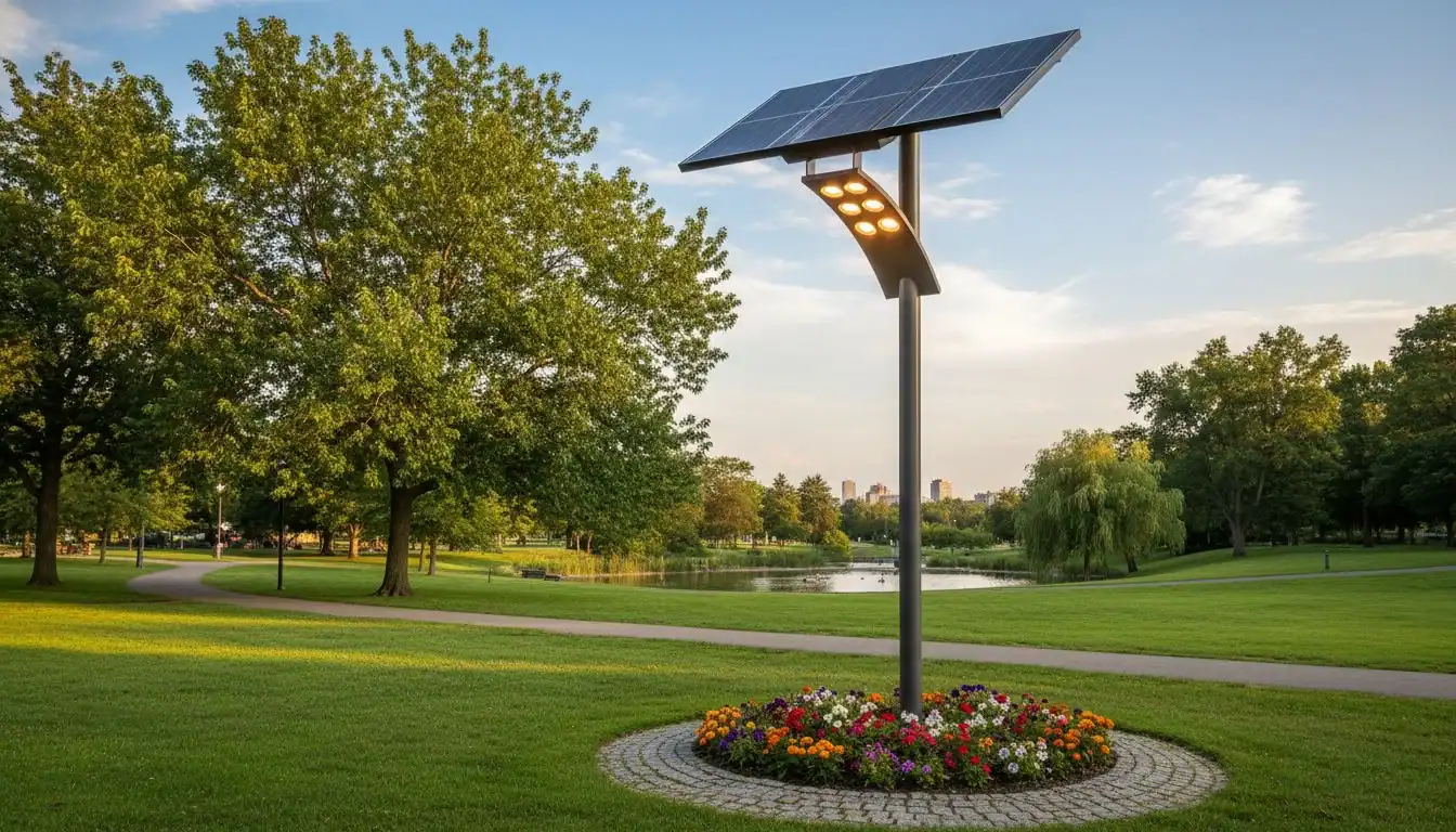 A solar-powered LED street light in a park setting