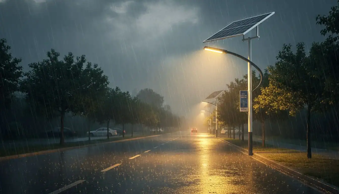 A solar street light brightly illuminating a road during a rainy night