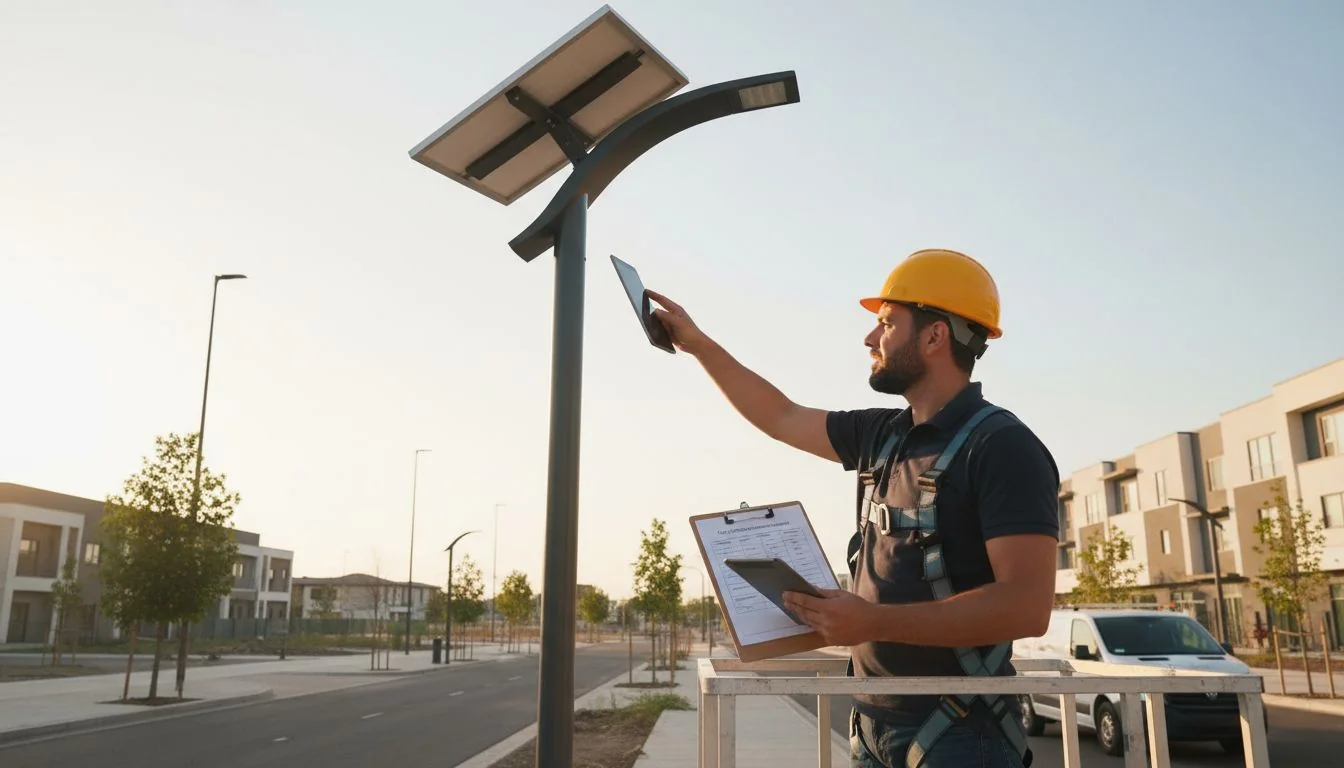Technician on a lift inspecting a newly installed street light with a checklist