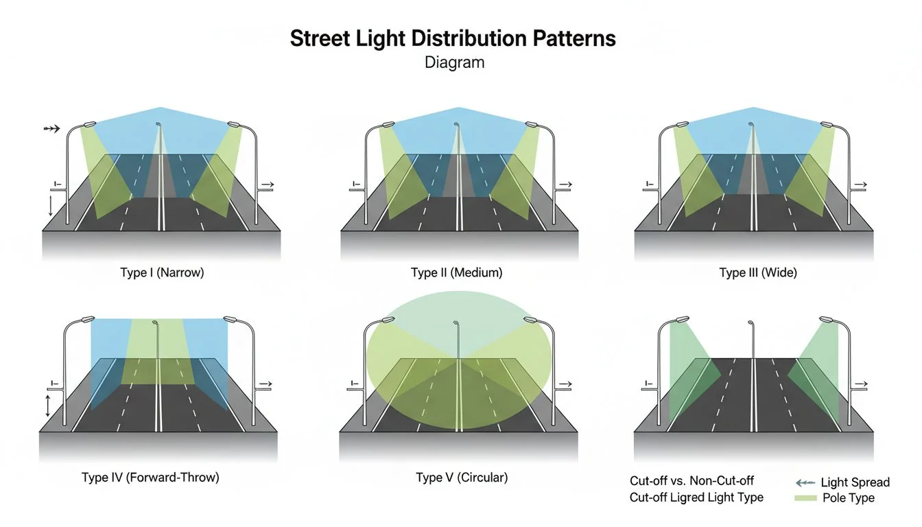 A diagram showing different street light distribution types on a road