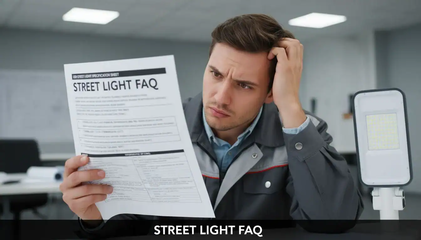 A person looking at a spec sheet for an LED street light with a confused expression