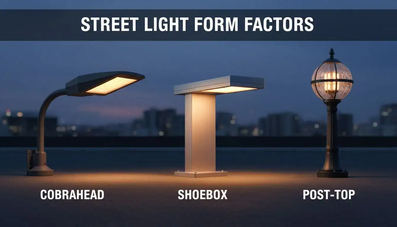 An image showing a cobrahead, a shoebox, and a post-top street light side-by-side