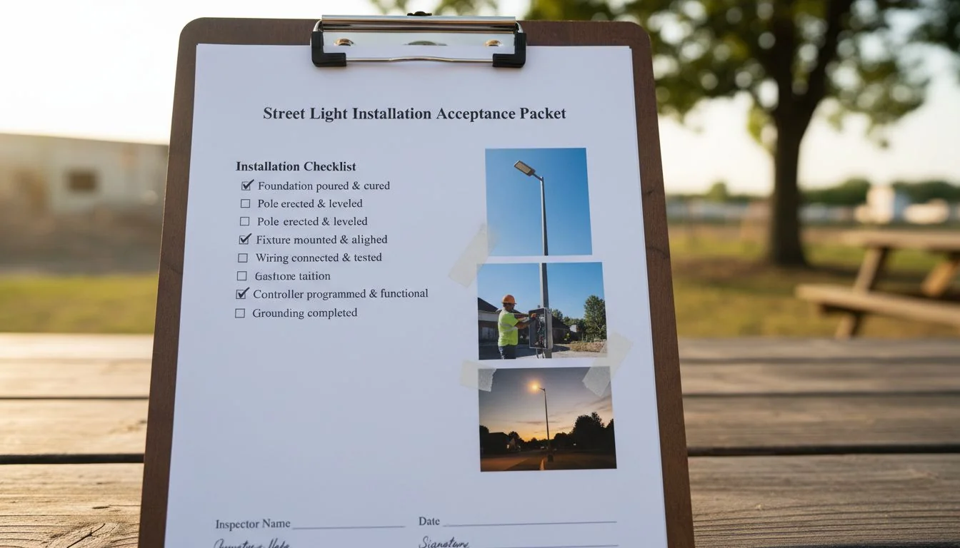 A clipboard showing a completed installation checklist with photos attached.