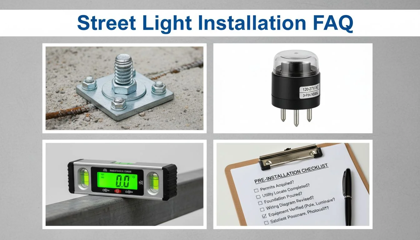 A collage of four images: a light pole anchor bolt, a 3-pin photocell, a digital level, and a documentation checklist.