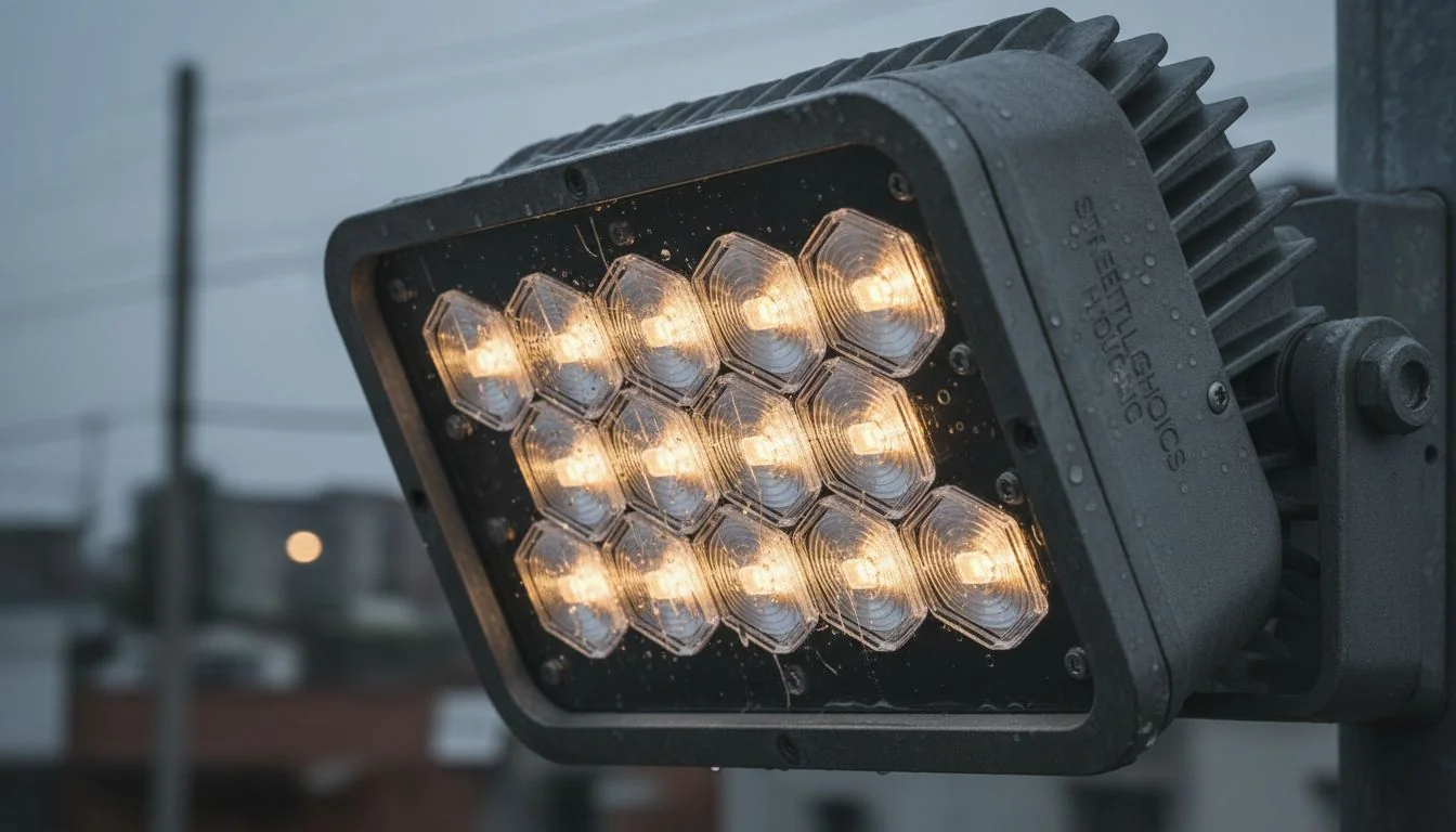 A close-up shot of an LED street light fixture showing the lens and housing