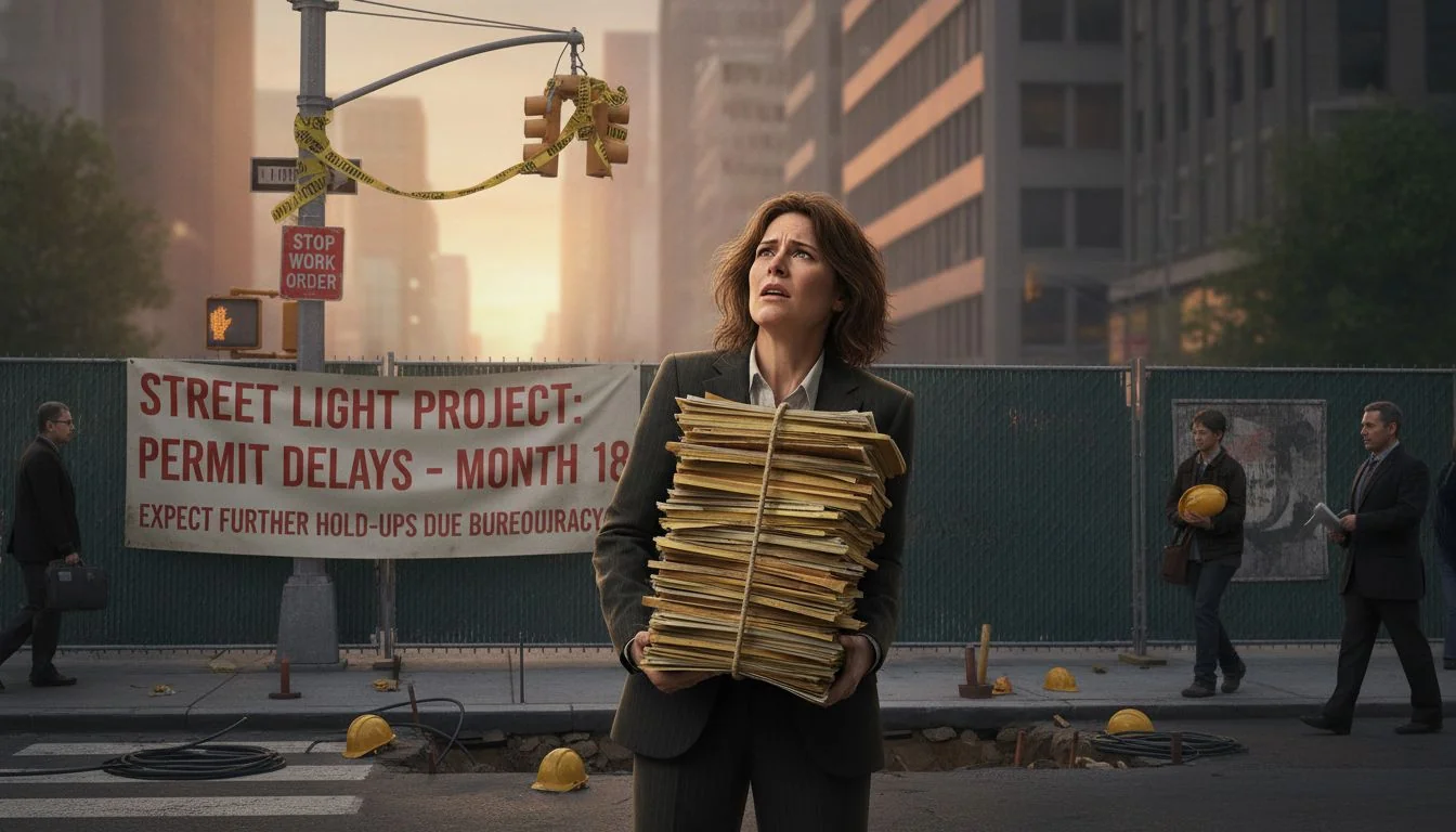 A frustrated project manager holding a stack of permit applications