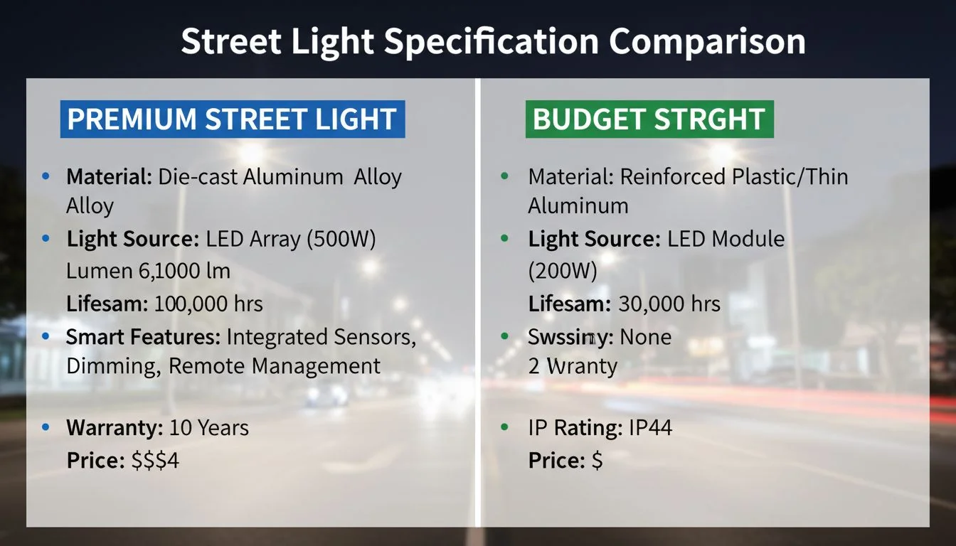 A side-by-side comparison chart of premium and budget street light specifications.
