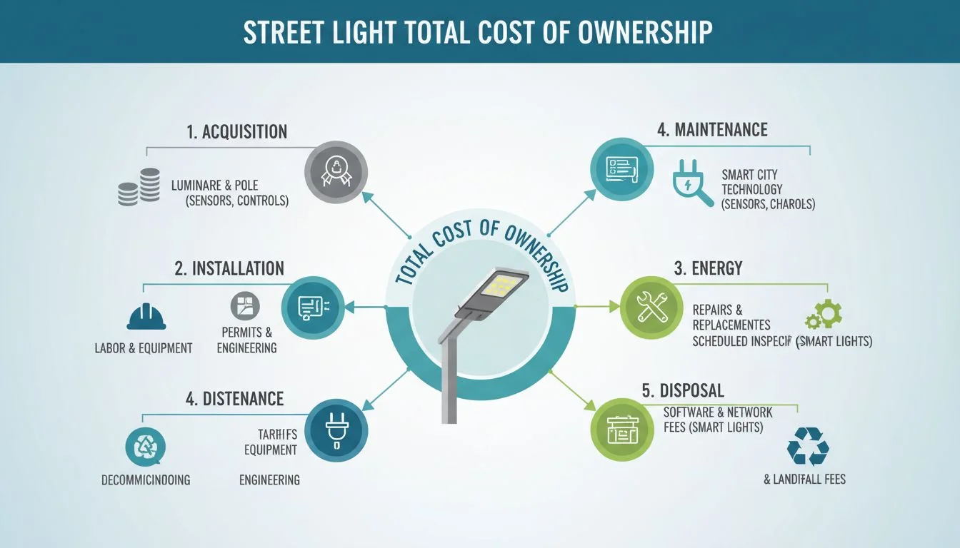 An infographic showing the components of Total Cost of Ownership for a street light