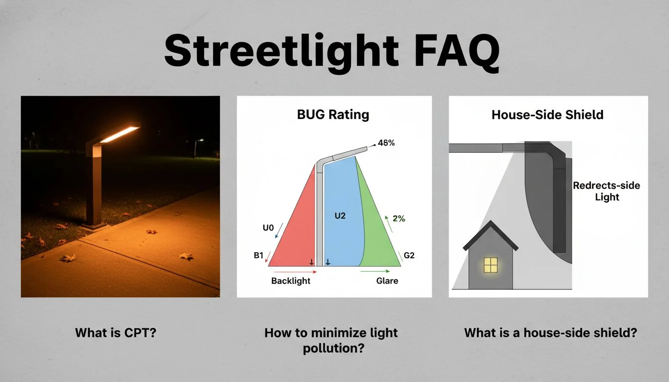 A collage of images showing a warm CCT light, a BUG rating diagram, and a house-side shield.