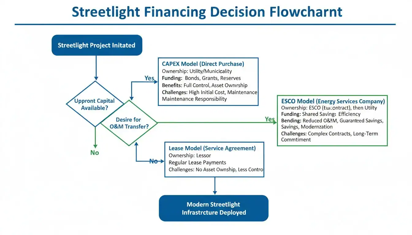 A flowchart showing the decision path between CAPEX, Lease, and ESCO models