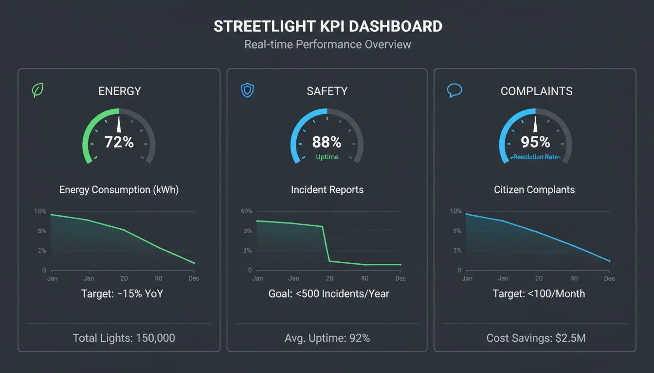 Dashboard showing street lighting KPIs for energy, safety, and complaints
