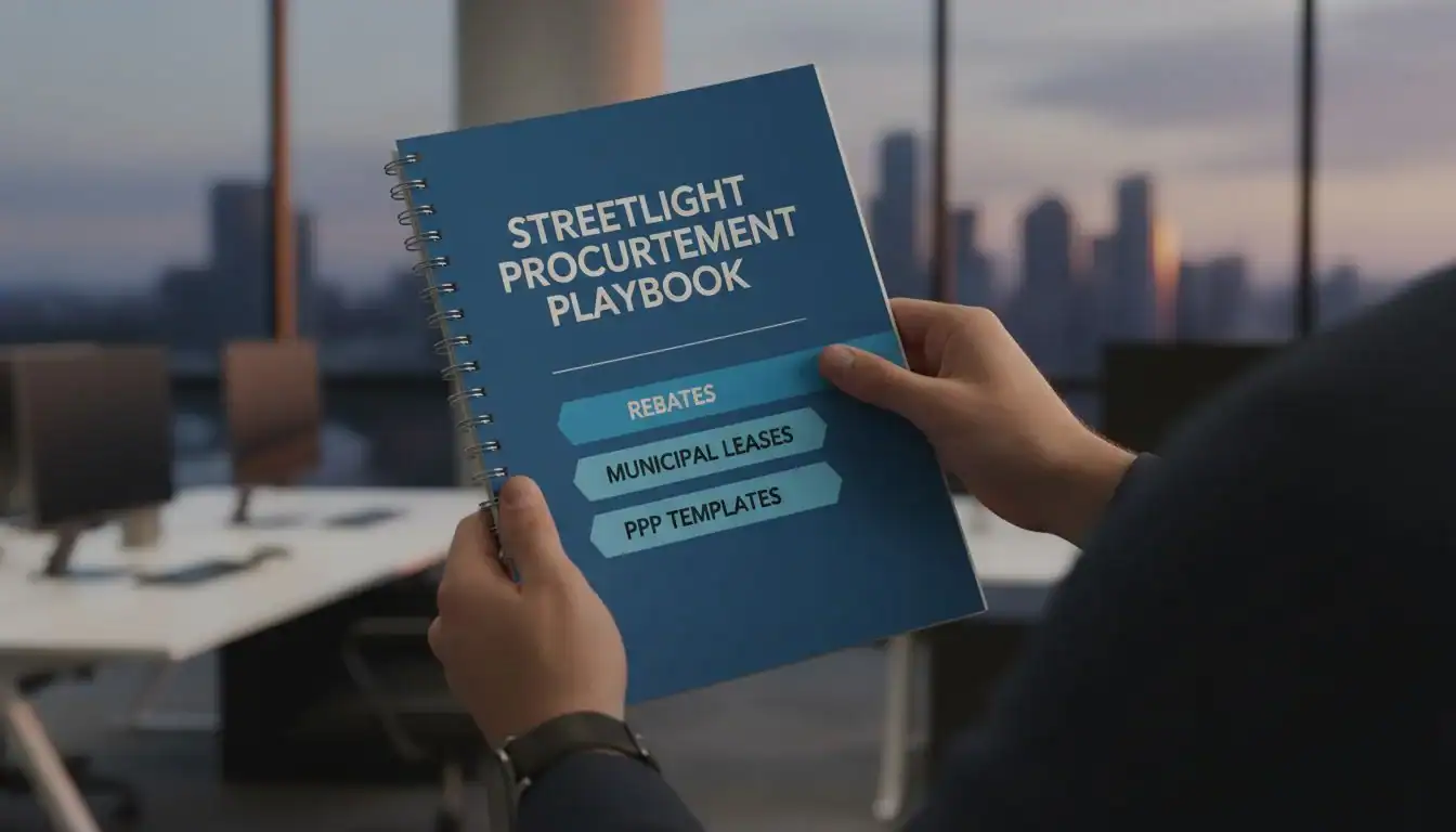 A person holding a playbook with chapters titled Rebates, Municipal Leases, and PPP Templates
