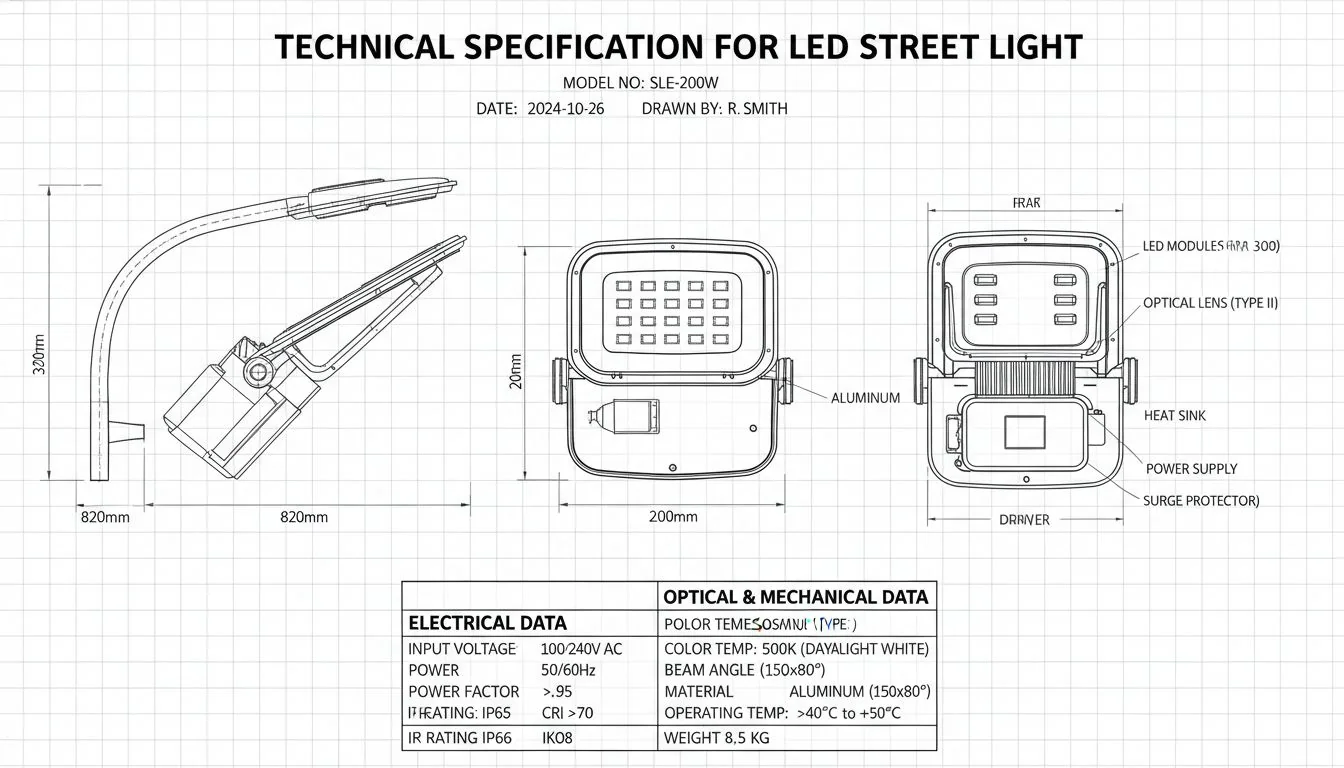A spec sheet or technical drawing of an LED street light