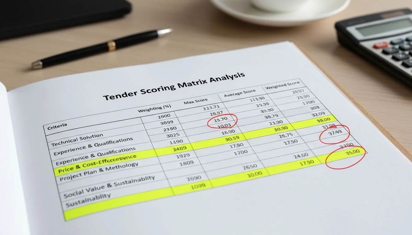 Close-up of a tender document with scoring criteria highlighted.