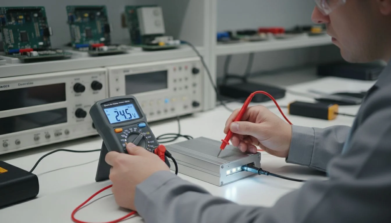 Technician using a multimeter to test an LED driver's output.