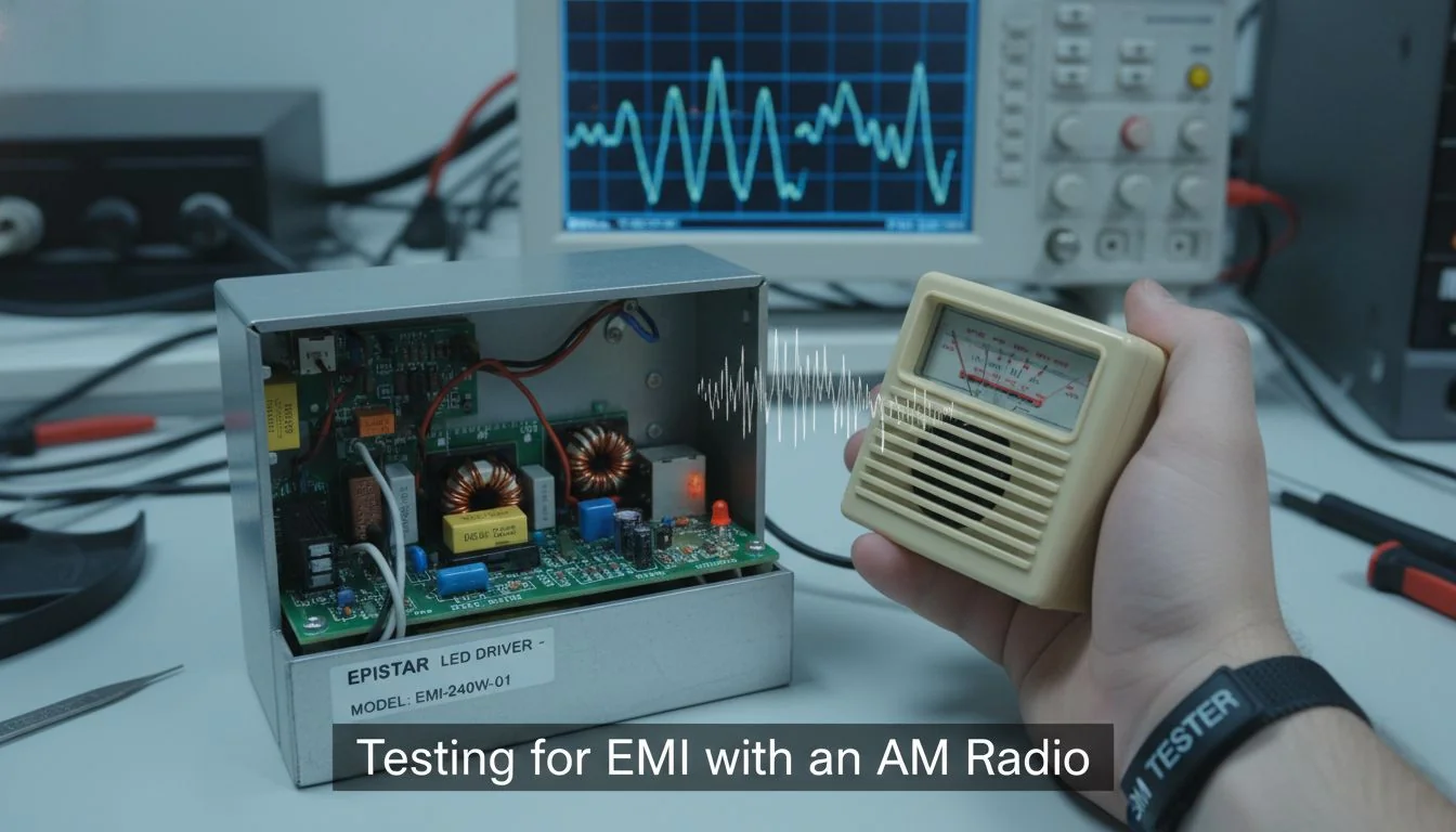 A hand holding an AM radio near an LED driver, demonstrating an EMI test