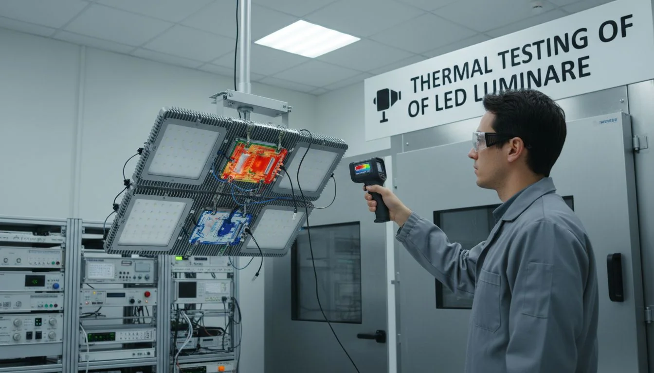 Engineer using a thermal camera on an LED street light in a lab