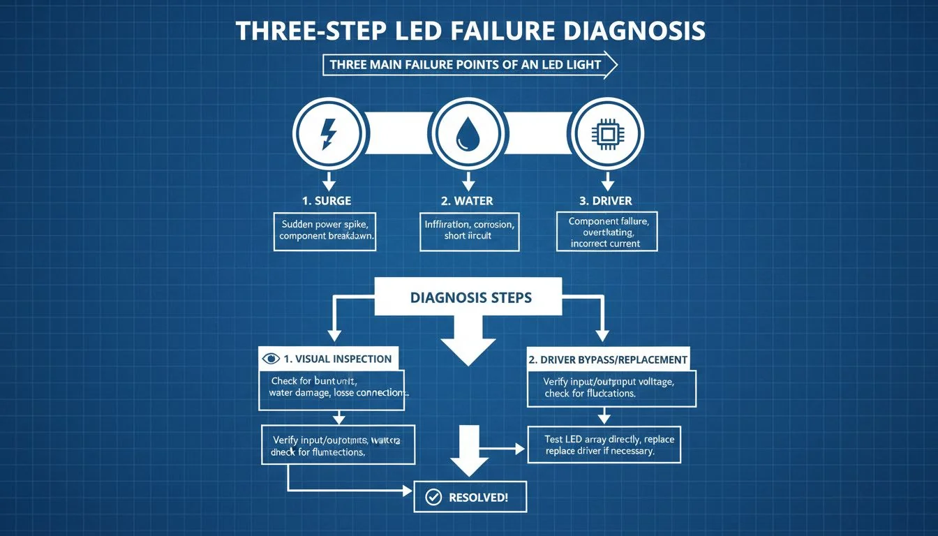 Diagram showing the three main failure points of an LED light: Surge, Water, Driver.