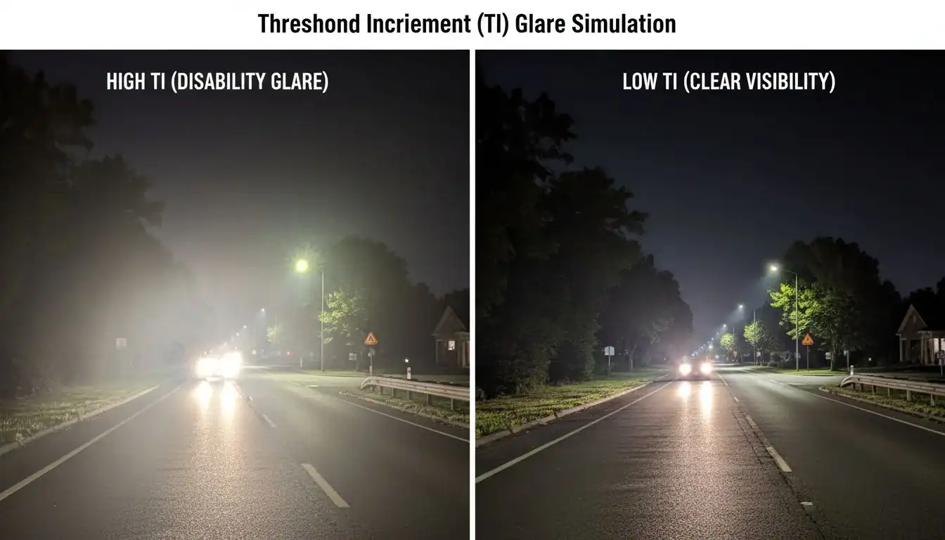 A side-by-side simulation of a road with high TI (disability glare) and low TI (clear visibility).