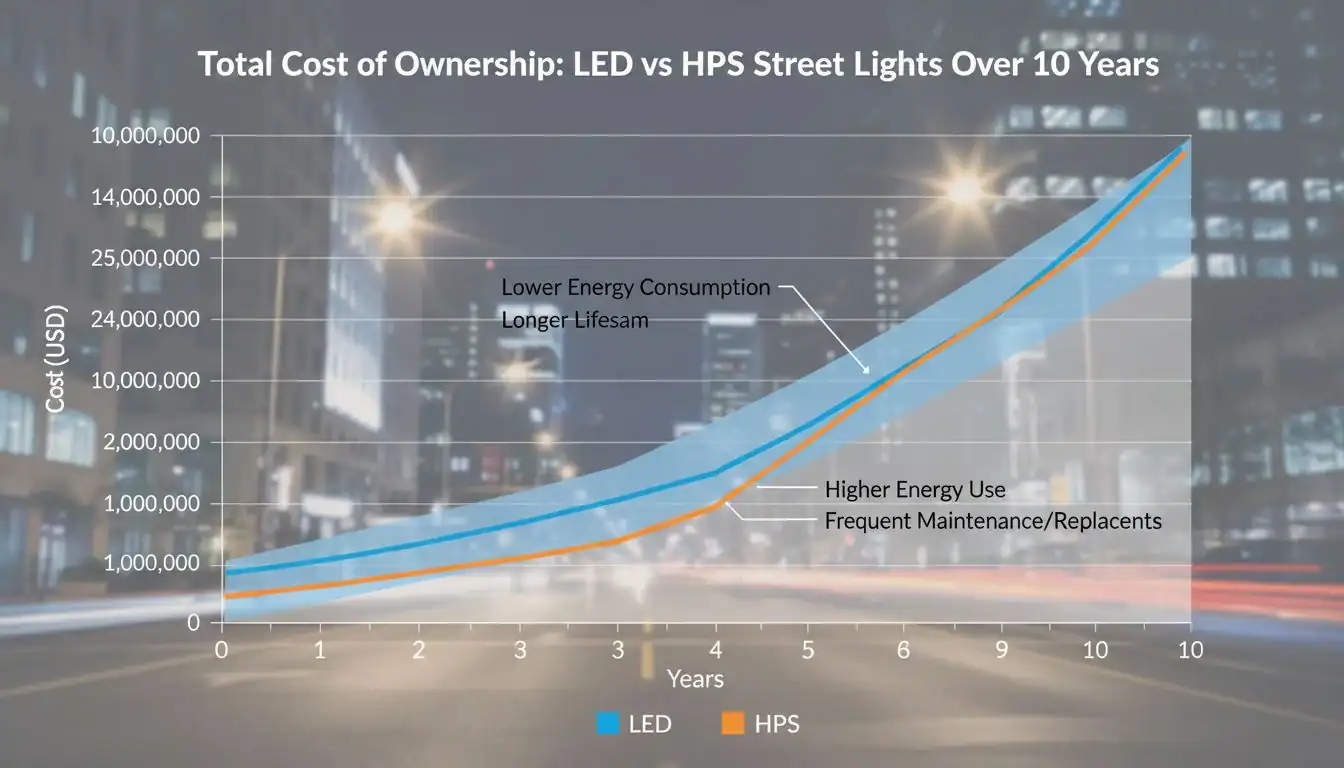 A graph showing the total cost of ownership for LED vs HPS street lights over 10 years
