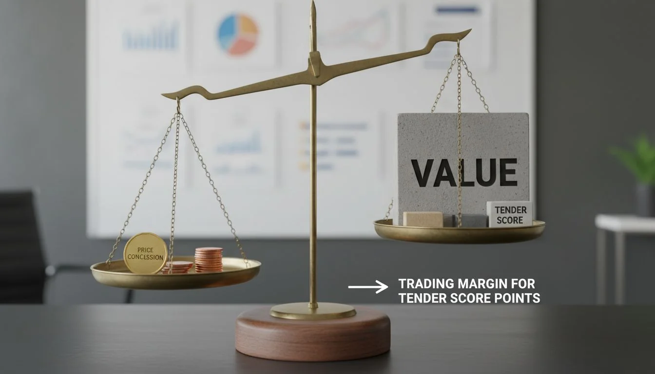 A scale balancing a small price concession on one side with a large 'value' block on the other, representing a strategic trade.